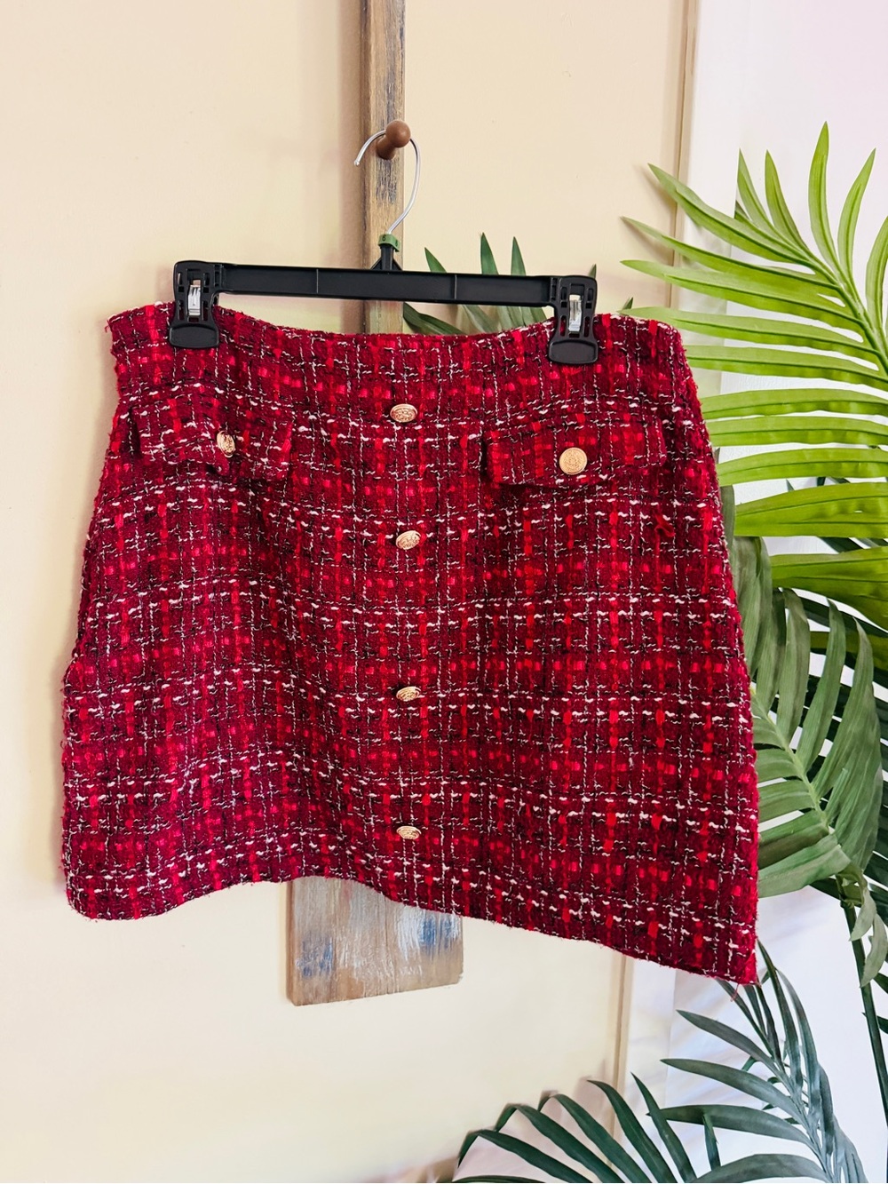 Red Tweed Mini Skirt with Gold Buttons